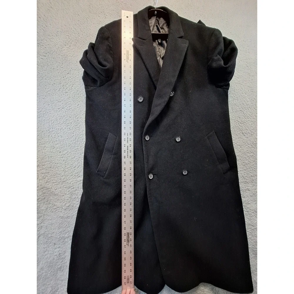 Chaps Overcoat Mens 50L Black Wool Blend Double Breasted Long Trench Coat Formal